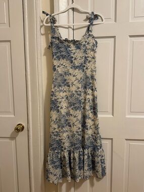 Sunday Up Blue Toile Floral Midi Dress Tie Straps Smocked Back M